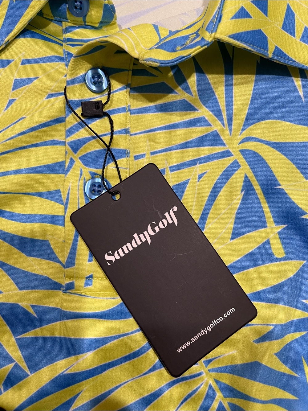 New Sandy Golf Palm Leaf Print Golf Polo Shirt Short Sleeves SZ XXL Blue Yellow - Picture 3 of 5